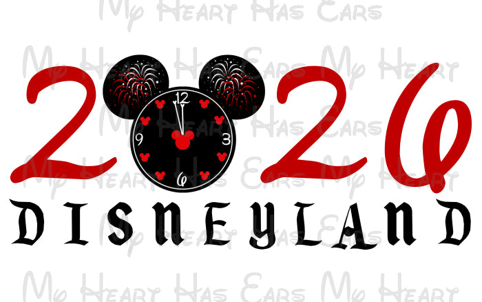 Design with '2026 Disneyland' text featuring Mickey Mouse ears and a clock, on a white background.