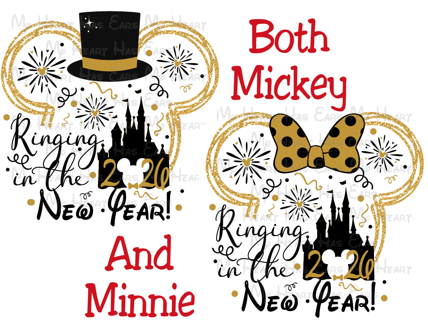 New Year's Eve design with Mickey and Minnie Mouse elements on a white background