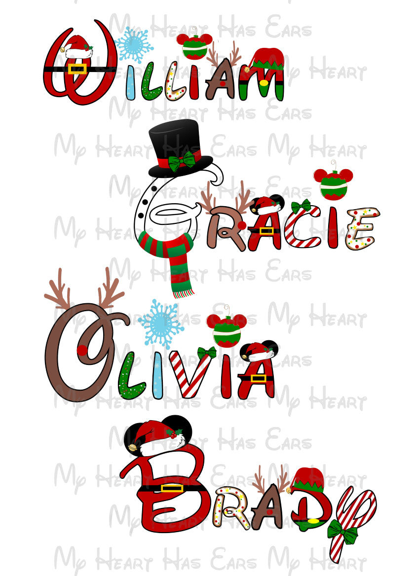 Christmas-themed Disney personalized names with festive graphics on a white background