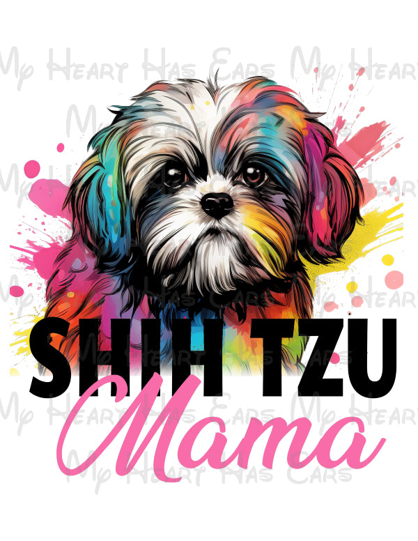 Colorful Shih Tzu illustration with 'Shih Tzu Mama' text on a white background