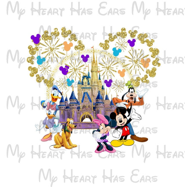 Disney Cinderella Castle Gold glitter Mickey Mouse & gang Family vacation image png digital file sublimation print tshirt design