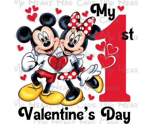 Mickey and Minnie Mouse My first Valentines Day hearts image png digital file sublimation print Waterslide t-shirt design