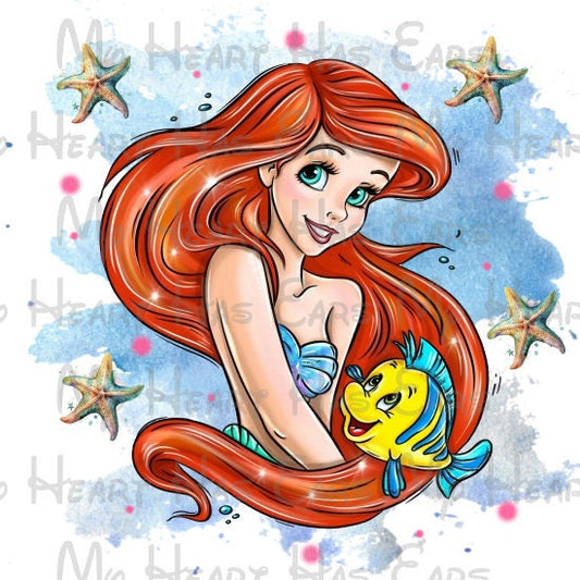 Ariel the little mermaid watercolor starfish image png digital file sublimation print t-shirt design