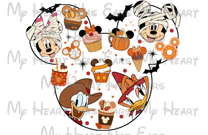 Halloween Mickey Mouse and gang and snacks head ears Halloween vacation image png digital file sublimation print t-shirt design