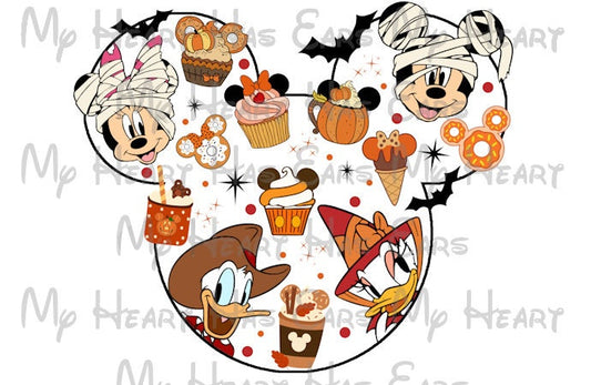 Halloween Mickey Mouse and gang and snacks head ears Halloween vacation image png digital file sublimation print t-shirt design
