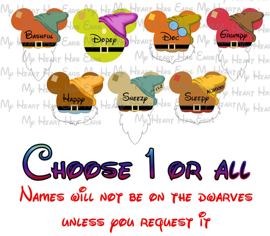 7 Dwarfs Dwarves choose Mickey Mouse head ears image png digital file sublimation print t-shirt design