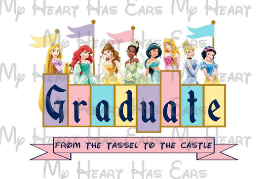 Disney Princess sign Graduate grad with flags from the tassel to the castle image png digital file sublimation print Waterslide tshirt design