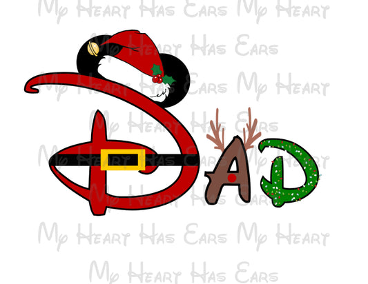 Christmas-themed 'DAD' text with Santa hat and reindeer antlers on a white background.