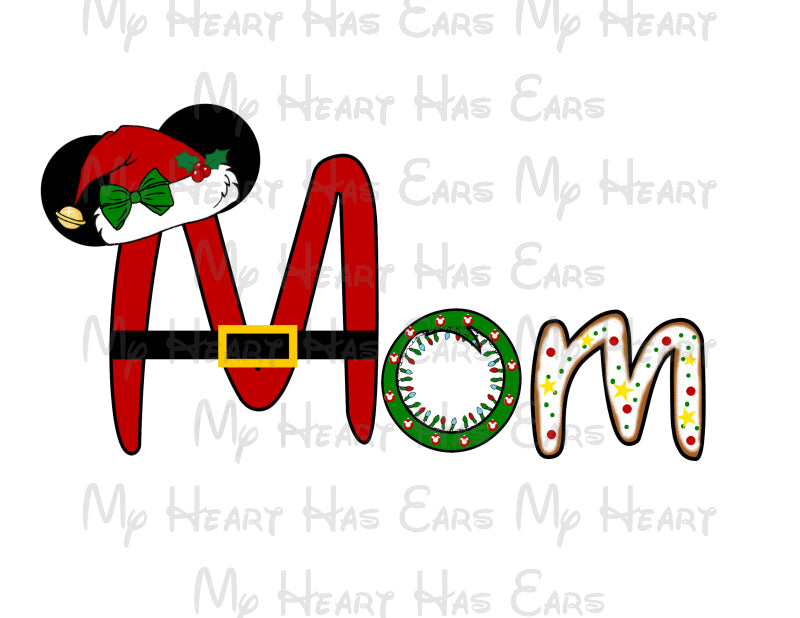 Christmas-themed 'Mom' in Disney text with decorative elements on a white background