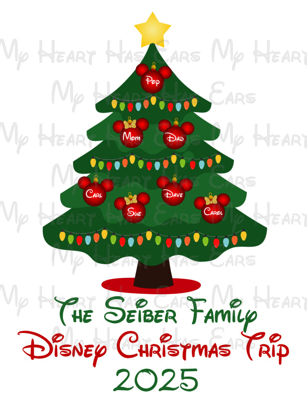 Decorative Christmas tree with family names and 'Disney Christmas Trip 2025' text on a white background.
