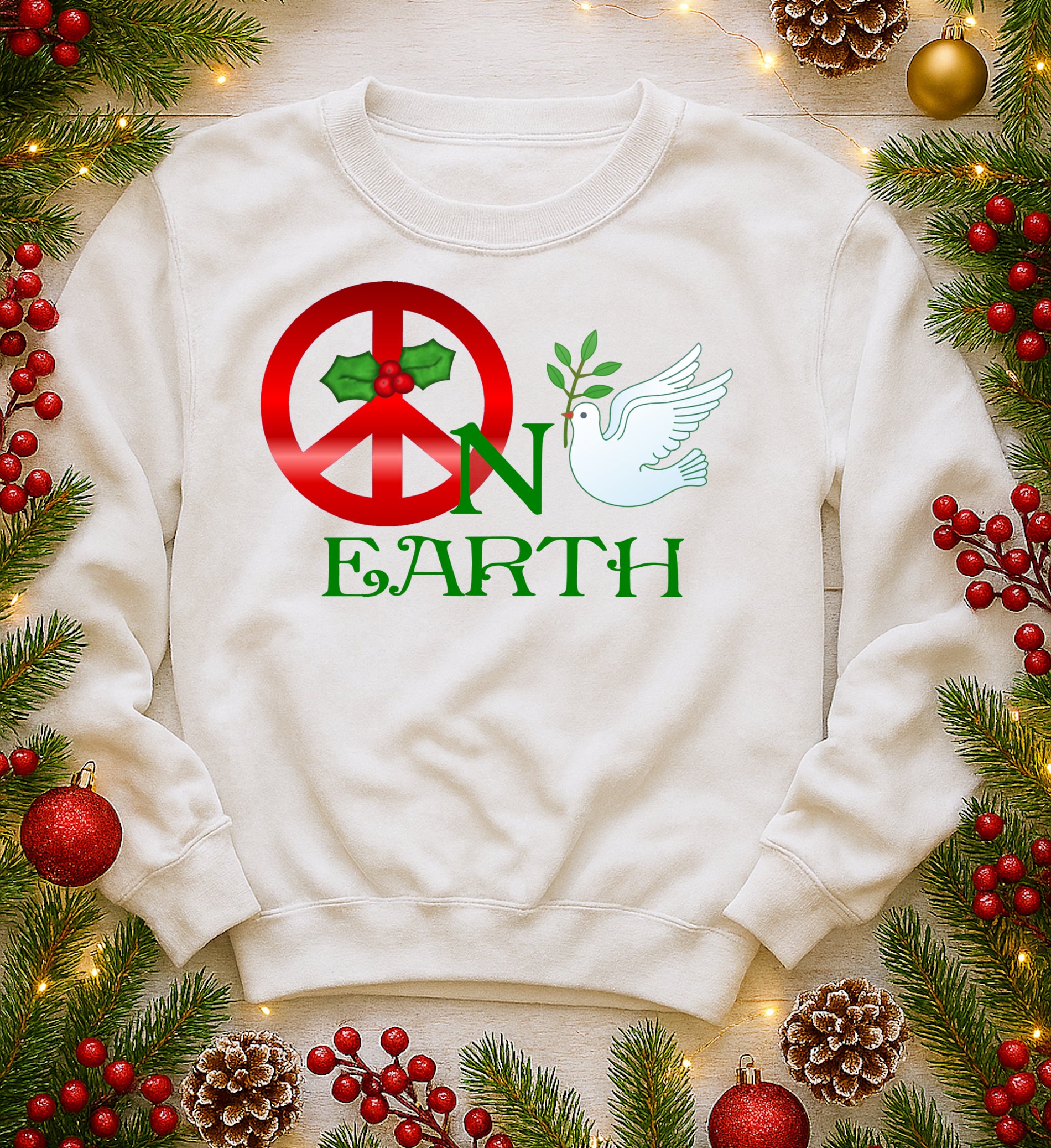 White sweatshirt with 'Peace on Earth' design surrounded by Christmas decorations.