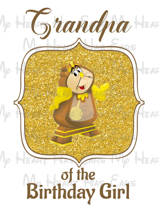 Beauty and the Beast Glitter Cogsworth Grandpa of the birthday girl imageb PNG digital file sublimation print t-shirt design