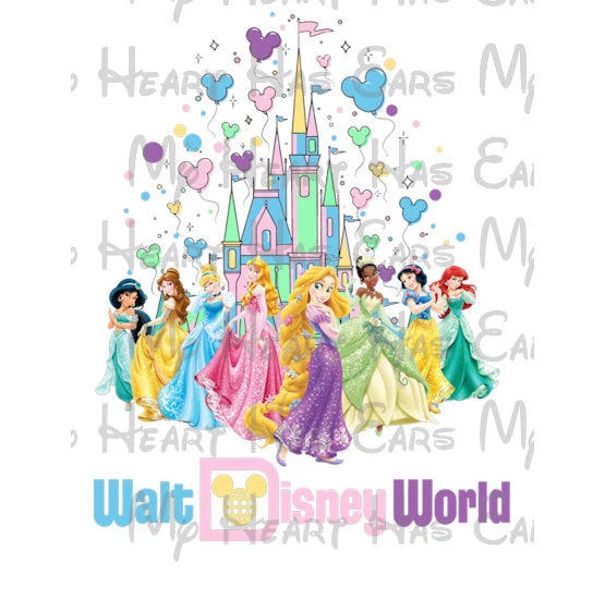Princess Walt Disney World castle balloons vacation girls trip image png digital file sublimation print t-shirt design