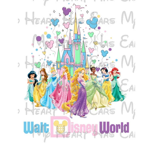 Princess Walt Disney World castle balloons vacation girls trip image png digital file sublimation print t-shirt design