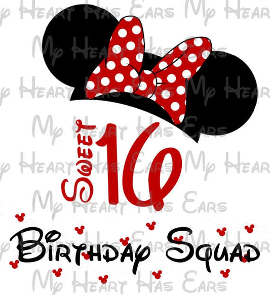 Sweet 16 Minnie Mouse ears hat birthday girl image png digital file sublimation print t-shirt design