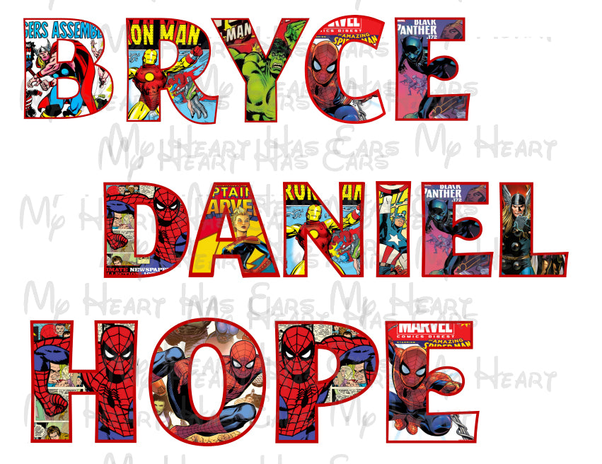 Marvel super hero Character font any name or text image png digital file sublimation print decal t-shirt design