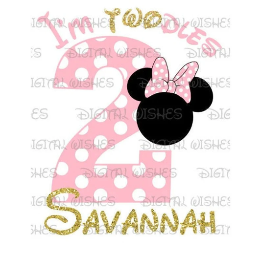 I'm Twodles hot pink and gold Minnie Mouse ears head Birthday girl image png digital file sublimation print t-shirt design