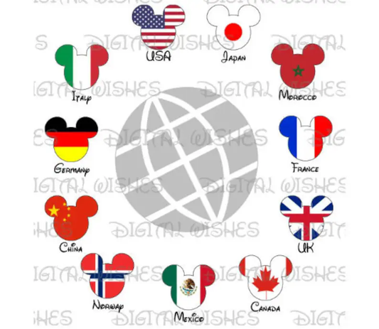 EPCOT World Showcase Mickey Mouse ears heads flags countries image png digital file sublimation print decal t-shirt design