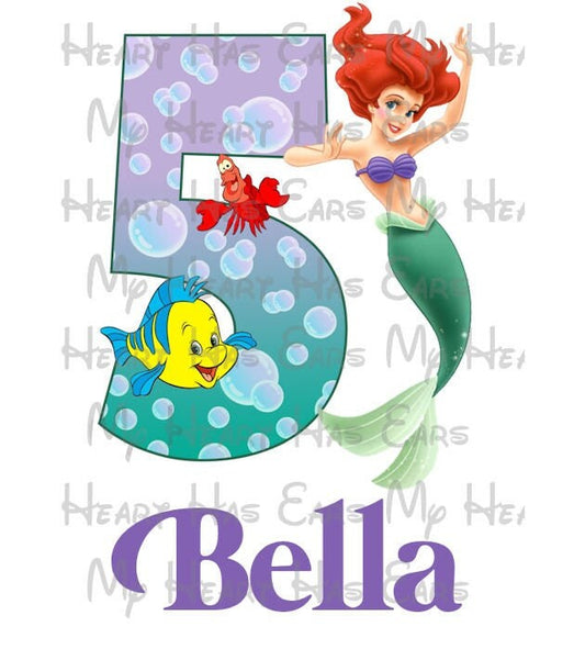 Ariel the little mermaid Birthday image ANY NAME NUMBER png digital file sublimation print decal t-shirt design