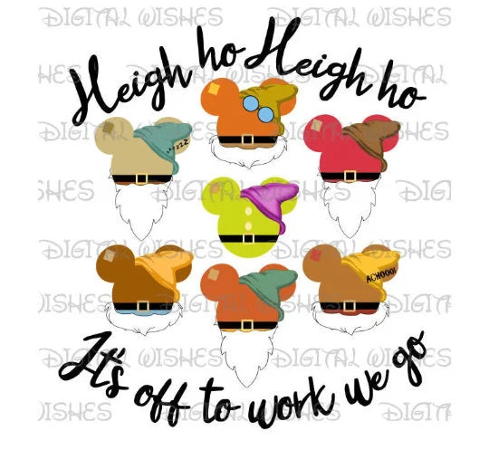 Heigh ho it's off to work we go 7 dwarfs Mickey Mouse heads ears vacation image png digital file sublimation print decal t-shirt design