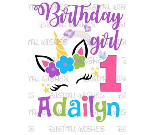 Unicorn face birthday girl image personalized ANY NAME NUMBER png clipart digital file sublimation print t-shirt design