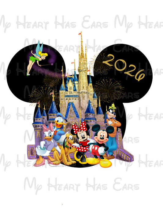 Mickey Mouse and gang in front of a castle with '2026' on ears, featuring Tinker Bell and Disney characters.