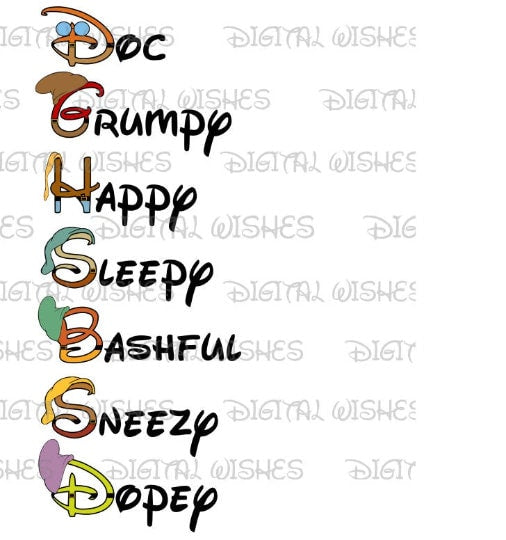 7 seven Dwarfs Dwarves names in custom font image png digital file sublimation print t-shirt design