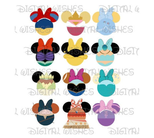 Disney Princess line up Minnie Mouse heads ears image png digital file sublimation print t-shirt design