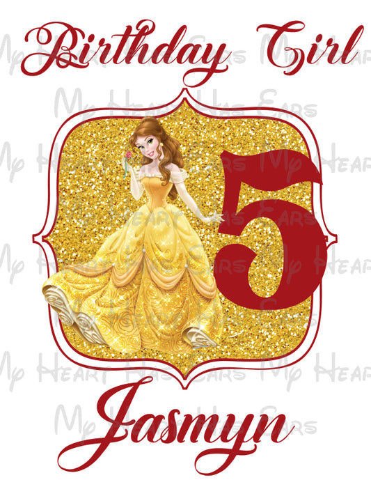 Belle Beauty and the Beast Glitter birthday girl image PERSONALIZED PNG digital file sublimation print t-shirt design