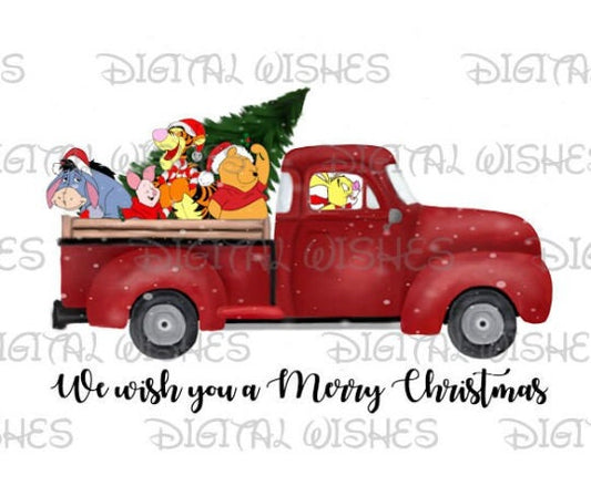 Red truck We wish you a merry Christmas Winnie the Pooh and gang image png digital file sublimation print Waterslide tshirt design