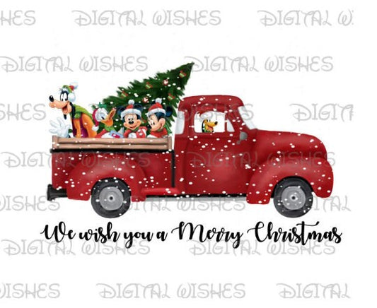 Red truck We wish you a merry Christmas Mickey Mouse and gang image png digital file sublimation print t-shirt design