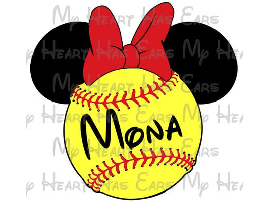Softball Minnie Mouse ears head image png digital file sublimation print t-shirt design