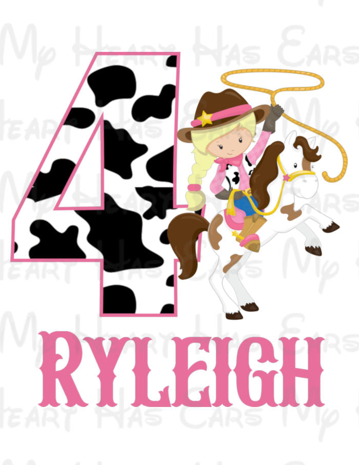 Custom Cowgirl Birthday PNG – Personalized Name & Age – Pink Western Birthday Girl – Cow Print Design
