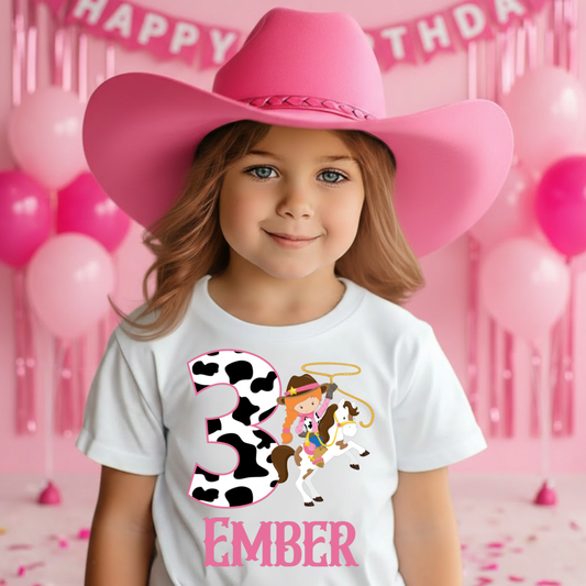 Custom Cowgirl Birthday PNG – Personalized Name & Age – Pink Western Birthday Girl – Cow Print Design