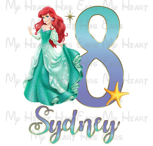 Ariel the little mermaid matching Birthday image ANY NAME NUMBER png digital file sublimation print decal t-shirt design