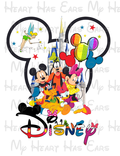 Disney World Mickey and gang with castle and Tinkerbell image png digital file sublimation print t-shirt design