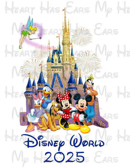 Disney World 2025 Mickey and gang with Cinderella castle and Tinkerbell image png digital file sublimation print t-shirt design