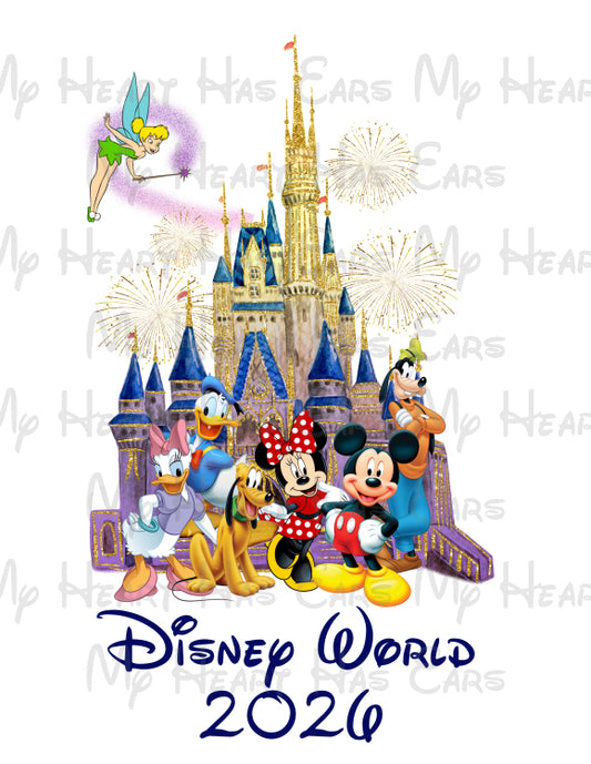Disney World 2026 Mickey and gang with Cinderella castle and Tinkerbell image png digital file sublimation print t-shirt design