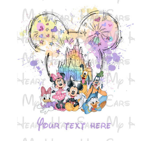 Mickey and gang with Disney Cinderella castle watercolor image png digital file sublimation print decal t-shirt design