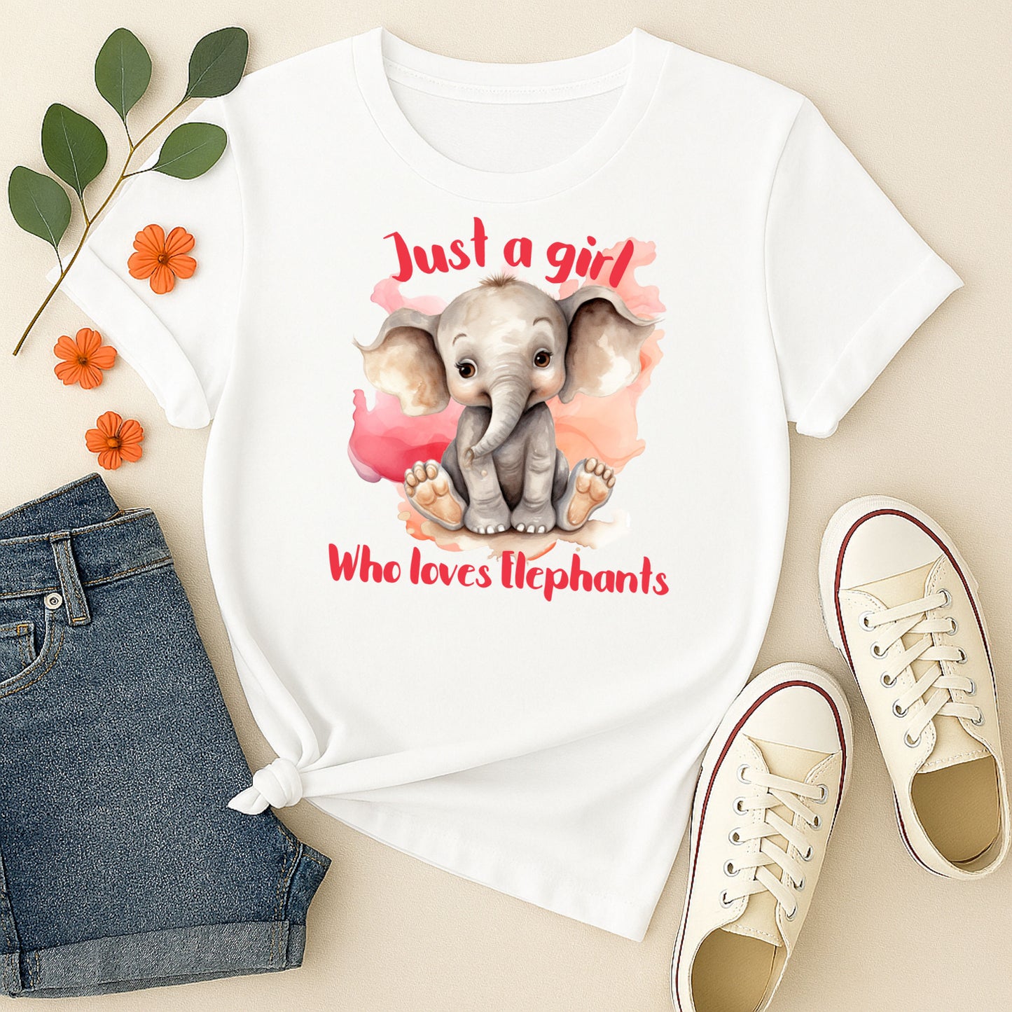 Just a Girl Who Loves Elephants PNG design displayed on a white t‑shirt mockup for sublimation and crafting.