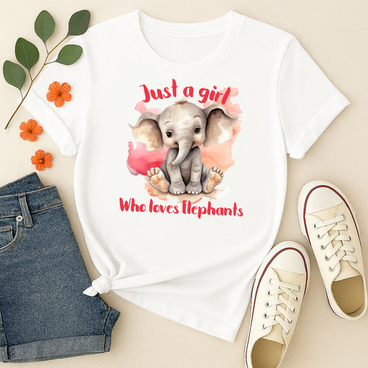 Just a Girl Who Loves Elephants PNG design displayed on a white t‑shirt mockup for sublimation and crafting.