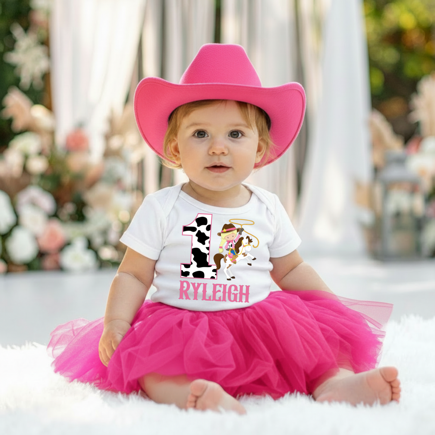 Custom Cowgirl Birthday PNG – Personalized Name & Age – Pink Western Birthday Girl – Cow Print Design
