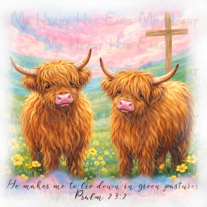 Highland Cows Psalm 23:2 Christian PNG – Digital Download