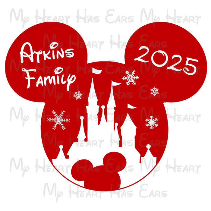 Red silhouette of Mickey Mouse ears with 2025 text and castle design on a white background.