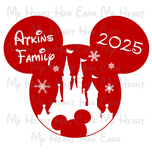 Red silhouette of Mickey Mouse ears with 2025 text and castle design on a white background.