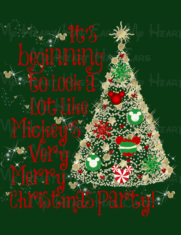 Decorative Christmas tree with Mickey Mouse ornaments and text on a green background
