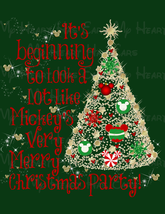 Decorative Christmas tree with Mickey Mouse ornaments and text on a green background