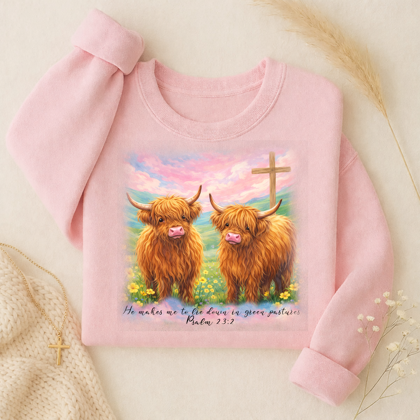 Highland Cows Psalm 23:2 Christian PNG – Digital Download
