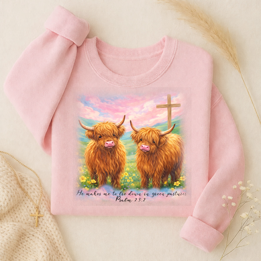 Highland Cows Psalm 23:2 Christian PNG – Digital Download