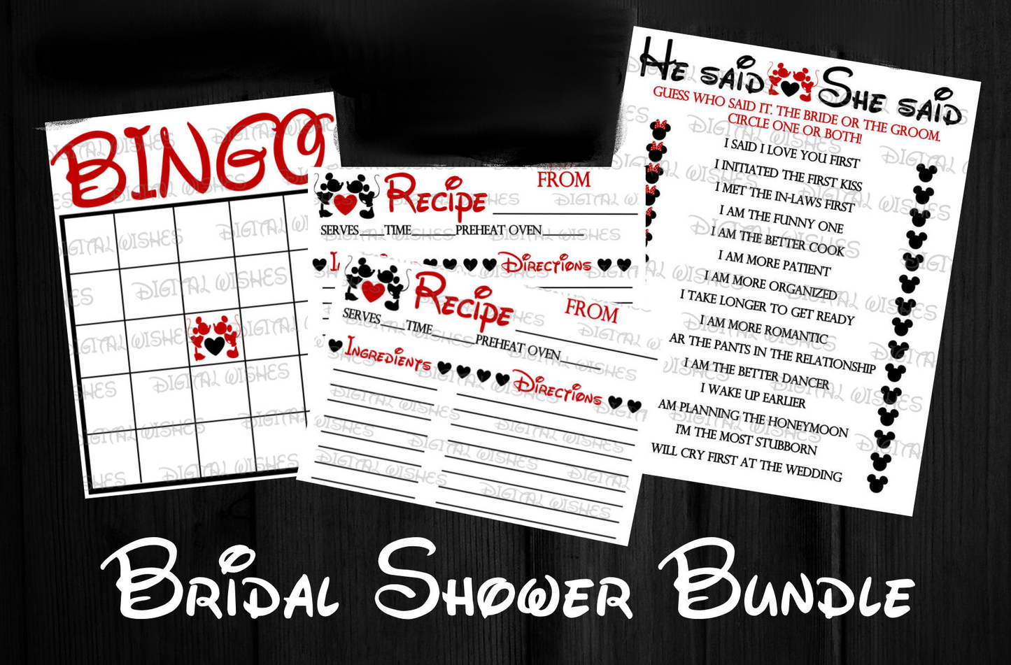Disney Bridal shower bundle Mickey and Minnie Mouse games recipes bingo cards